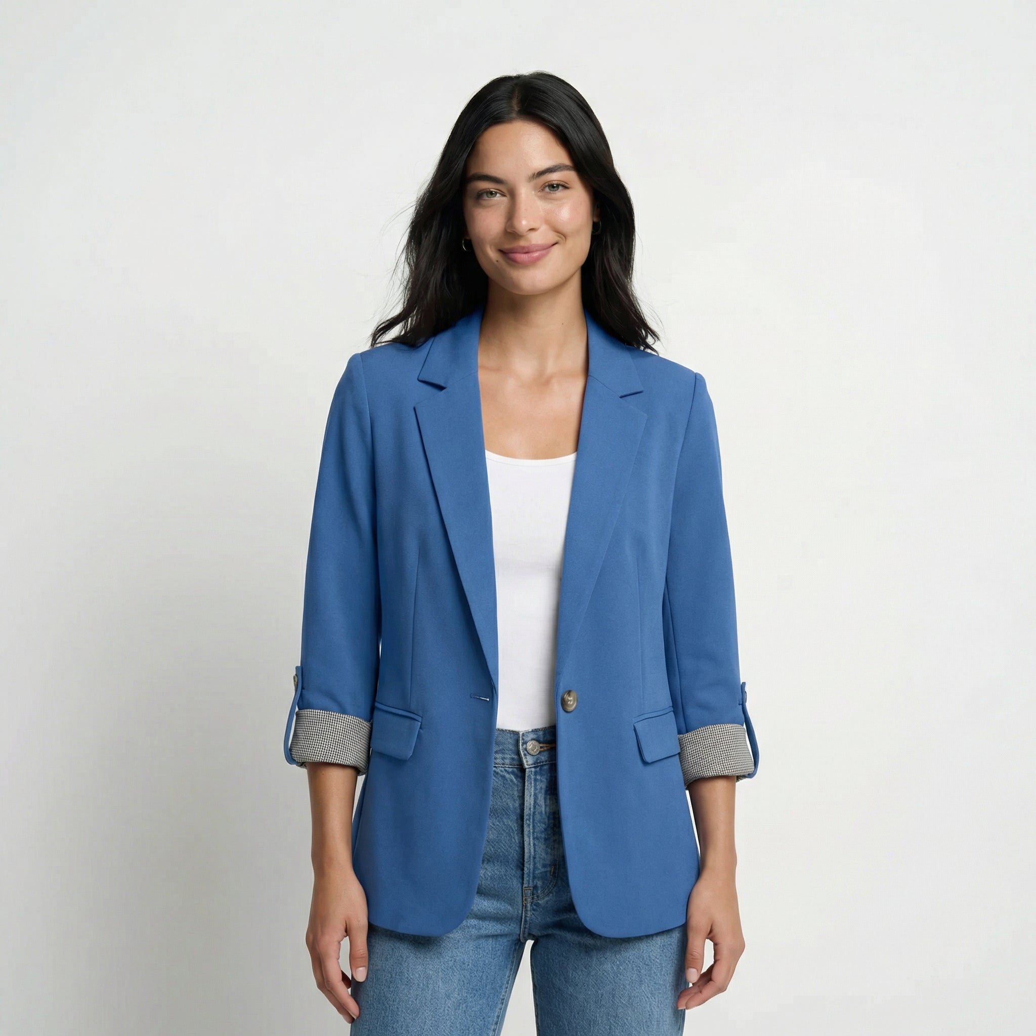 Women's Tailored Blazer - Roll-Up Sleeves with Striped Lining, Structured Lapel, Single-Button Closure