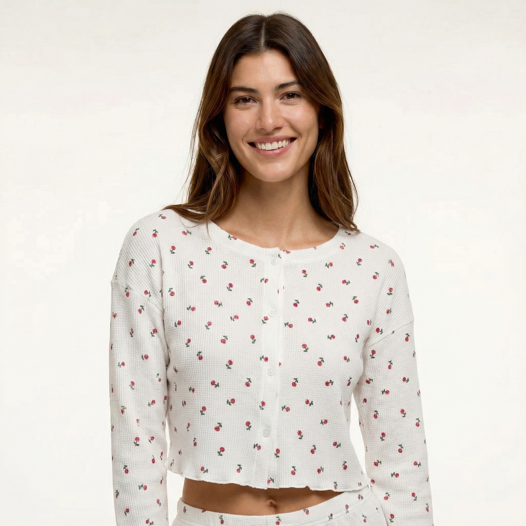 White Floral 2-Piece Pyjama Set - Long Sleeve Button-Down Top, Short Bottoms, Rose Print