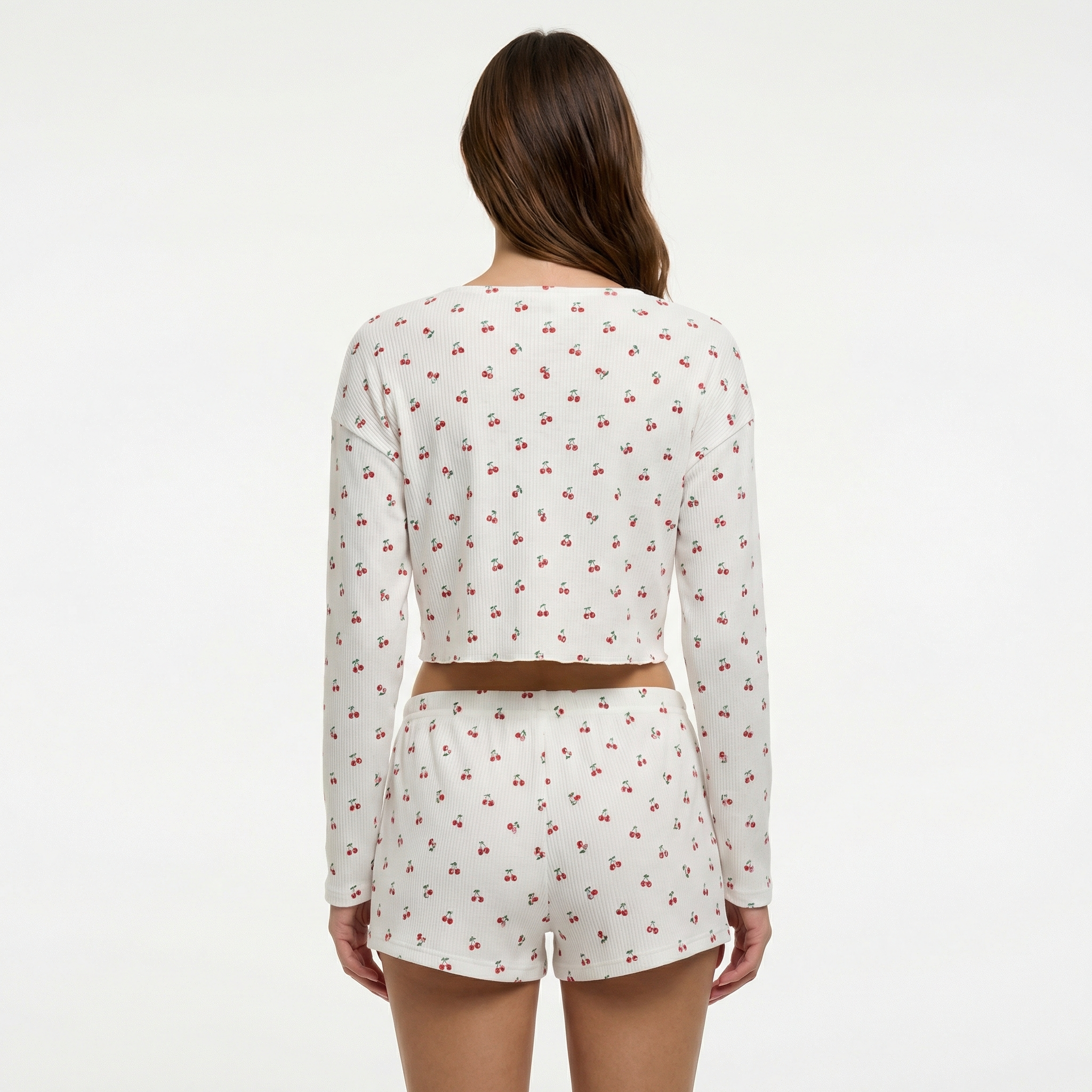 White Floral 2-Piece Pyjama Set - Long Sleeve Button-Down Top, Short Bottoms, Rose Print