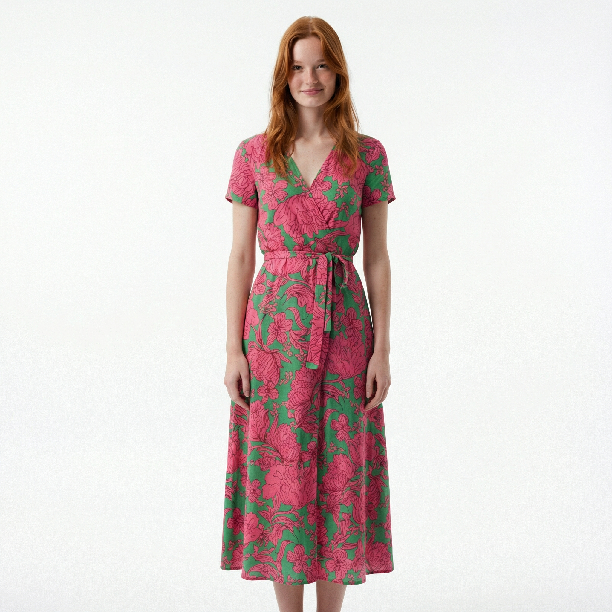 Women's Wrap Maxi Dress - Short Sleeve, V-Neck, Tie Waist with Front Slit