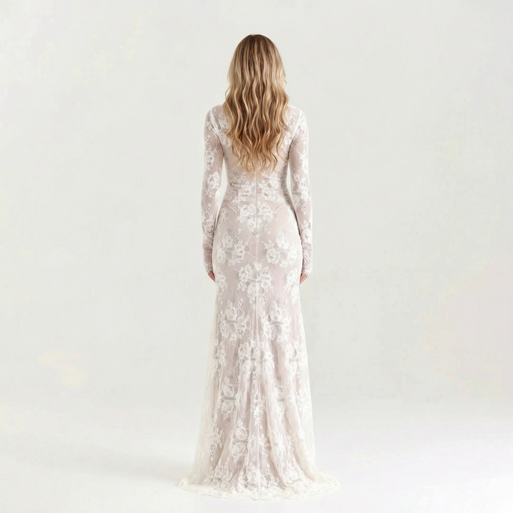 Women's Floral Lace Corset Maxi Dress - Sheer Floral Lace, Structured Corset Top, Slim Fit Silhouette