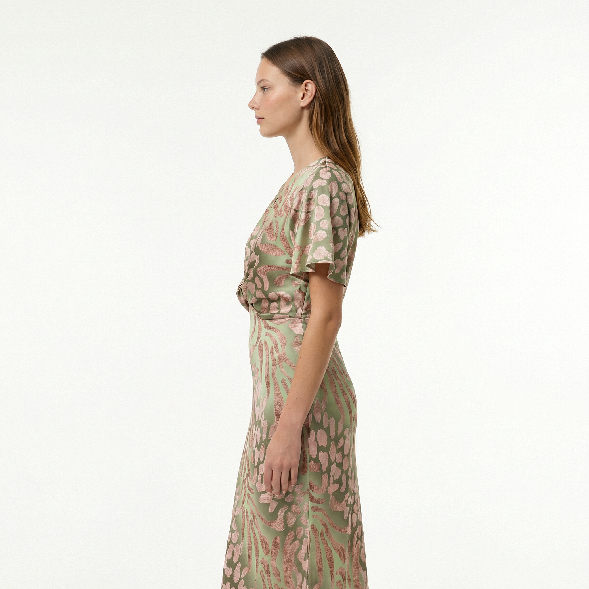 Women's Elegant Wrap Midi Dress - V-Neck, Flutter Sleeves, Pleated Slim Fit