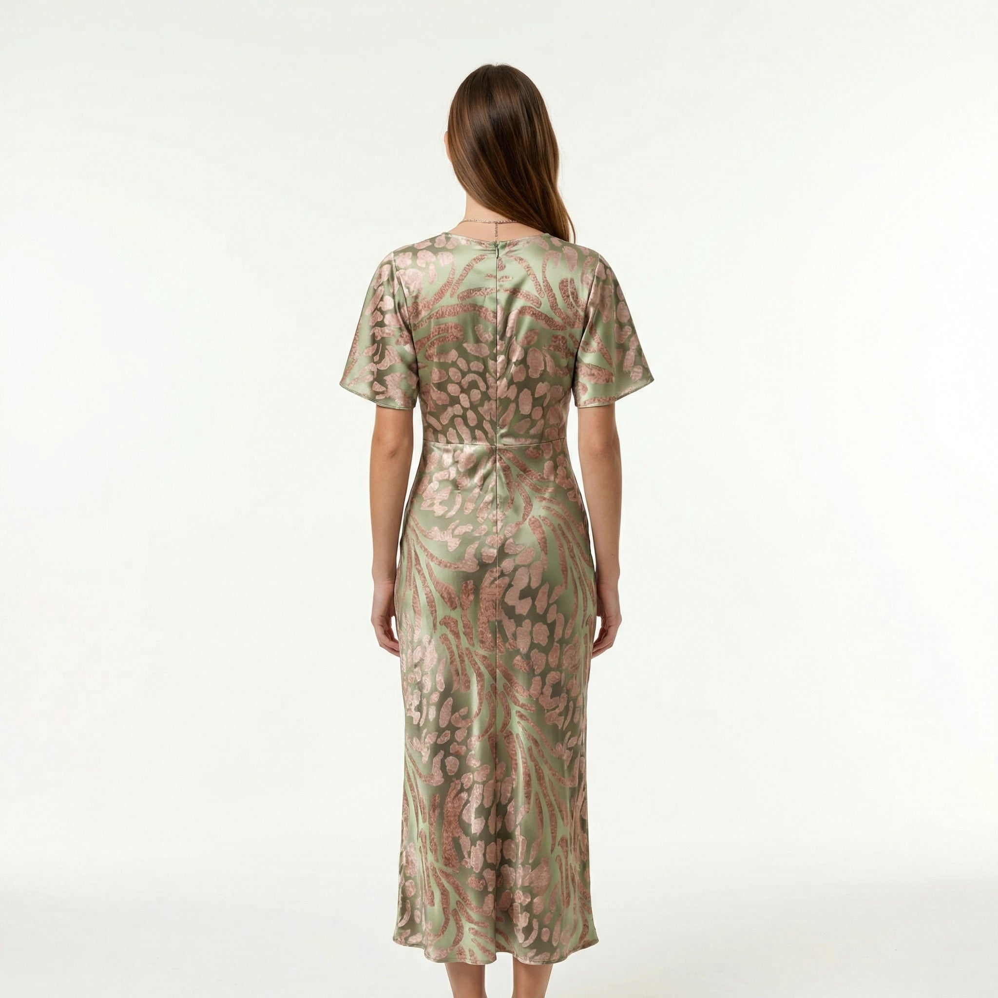 Women's Elegant Wrap Midi Dress - V-Neck, Flutter Sleeves, Pleated Slim Fit