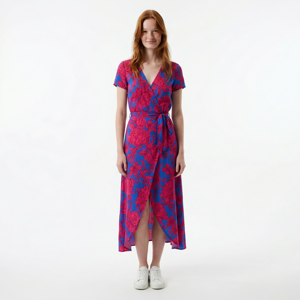 Women's Wrap Maxi Dress - Short Sleeve, V-Neck, Tie Waist with Front Slit