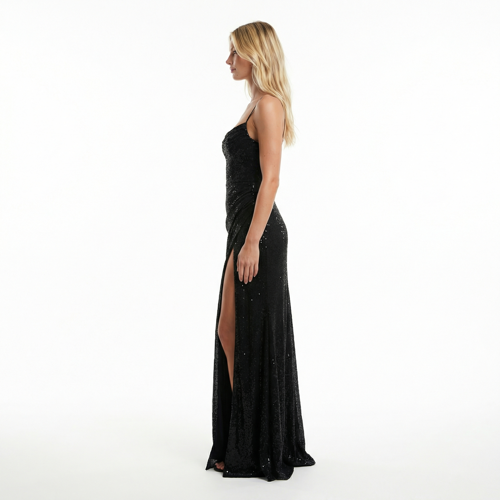 Women's Sequin Corset Maxi Dress - High Leg Slit, Thin Straps, Shimmering Party Style