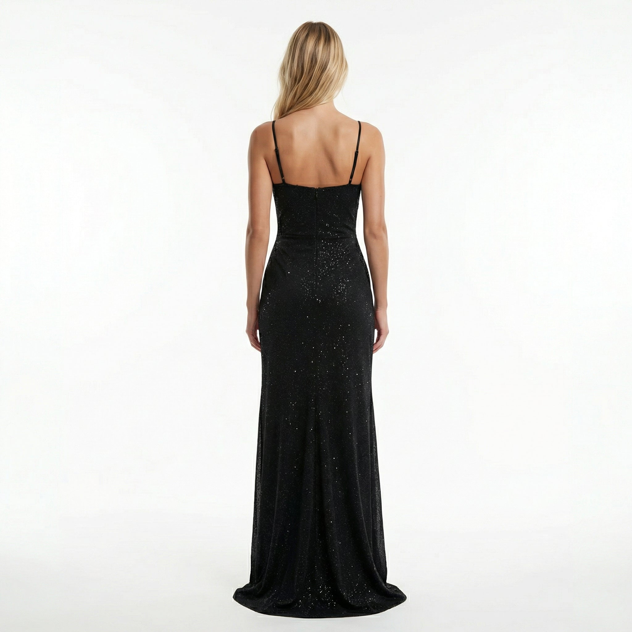 Women's Sequin Corset Maxi Dress - High Leg Slit, Thin Straps, Shimmering Party Style
