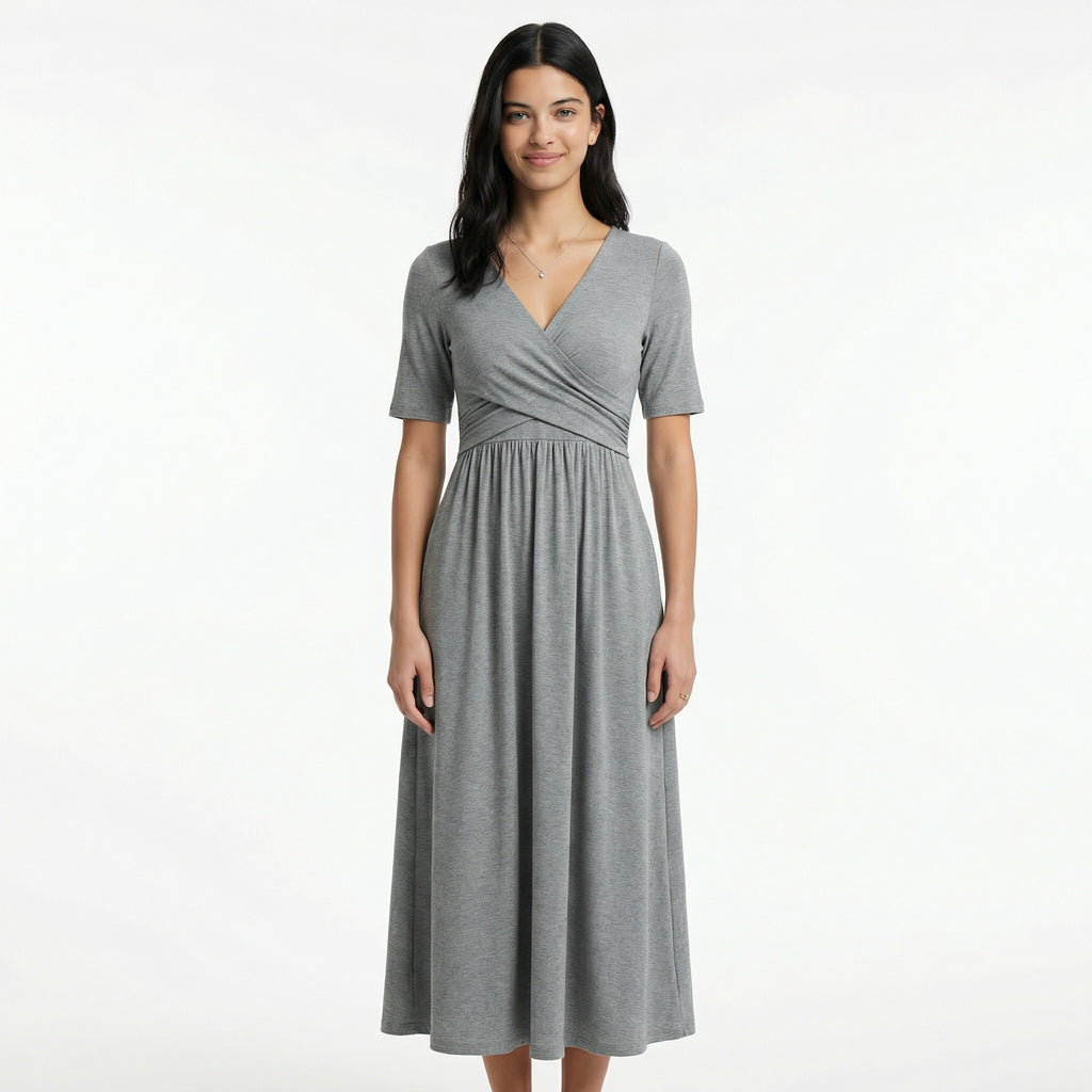 Women's Formal Wrap Midi Dress - Elbow-Length Sleeves, Side Pockets, A-Line Flare