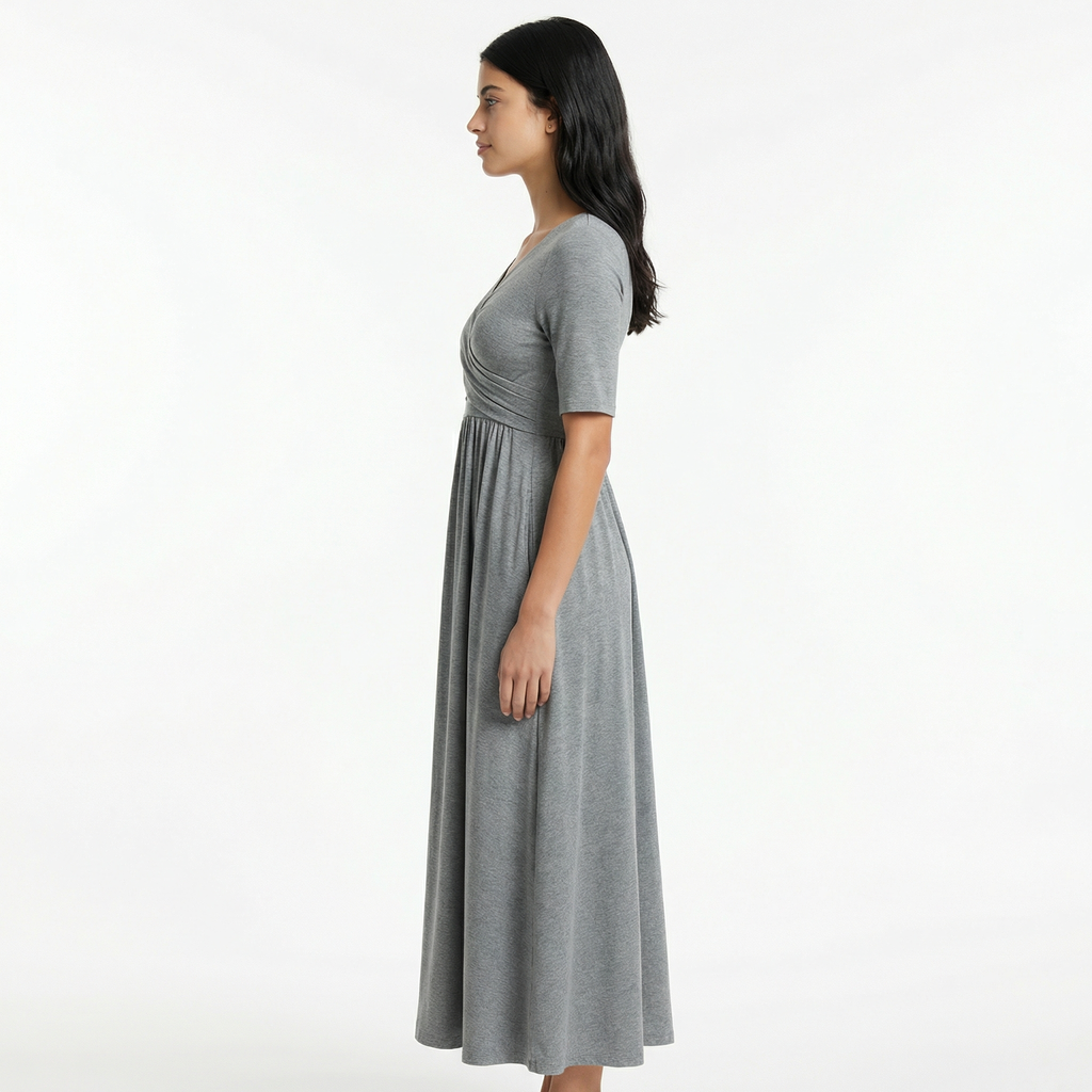 Women's Formal Wrap Midi Dress - Elbow-Length Sleeves, Side Pockets, A-Line Flare