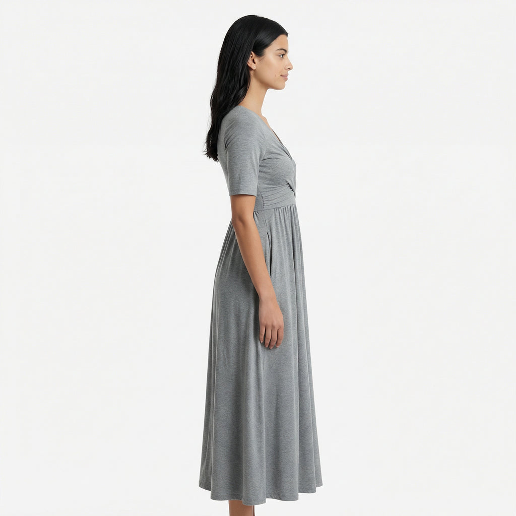 Women's Formal Wrap Midi Dress - Elbow-Length Sleeves, Side Pockets, A-Line Flare
