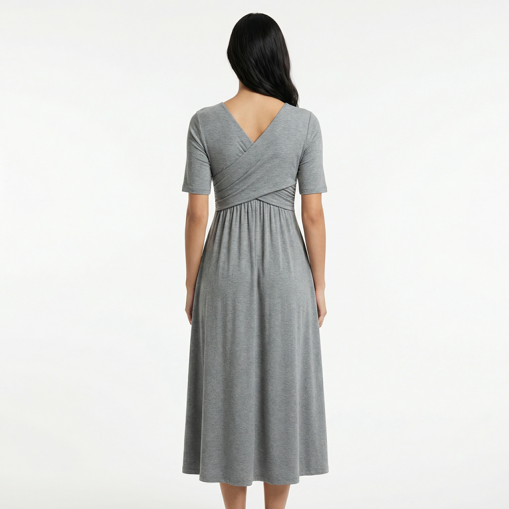 Women's Formal Wrap Midi Dress - Elbow-Length Sleeves, Side Pockets, A-Line Flare