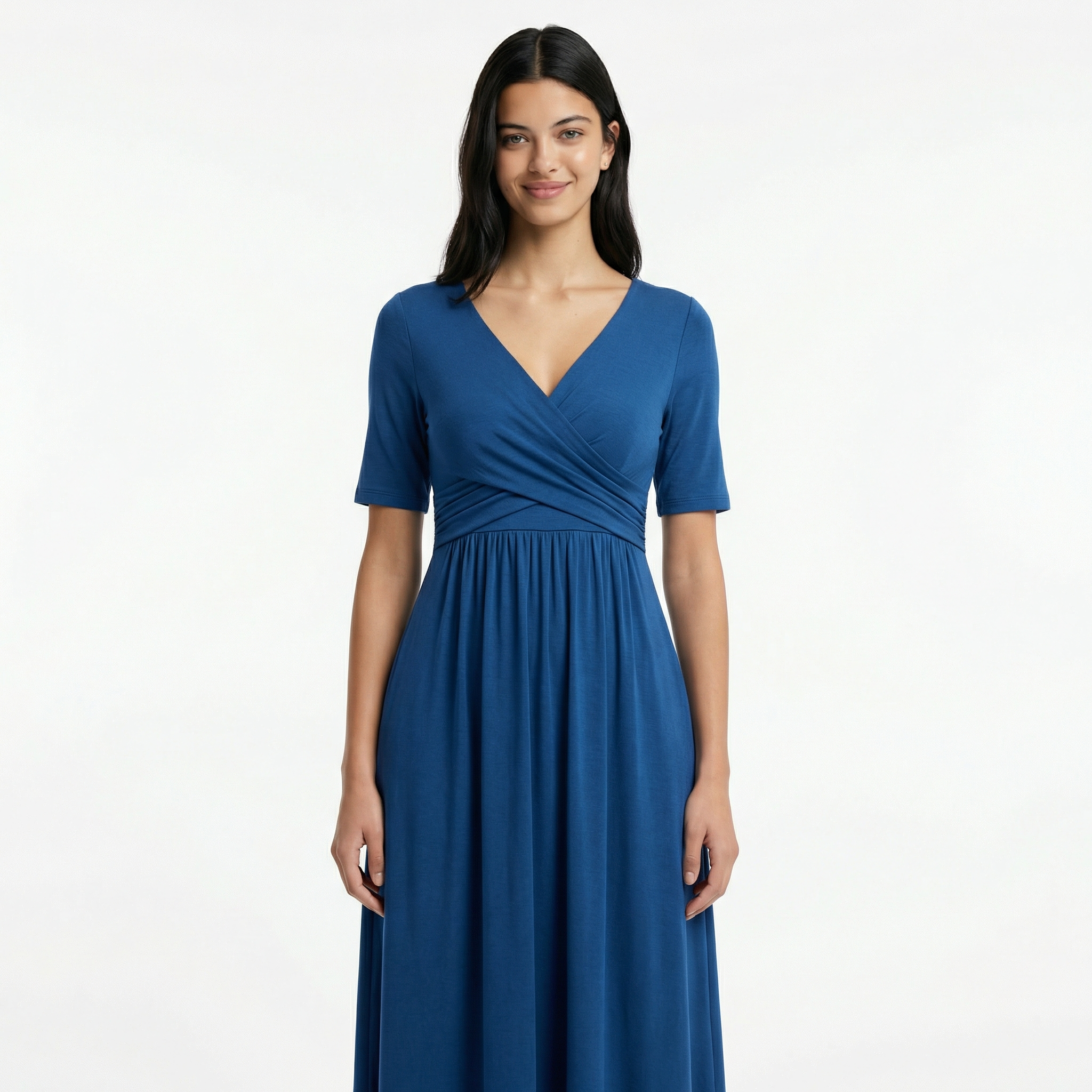 Women's Formal Wrap Midi Dress - Elbow-Length Sleeves, Side Pockets, A-Line Flare