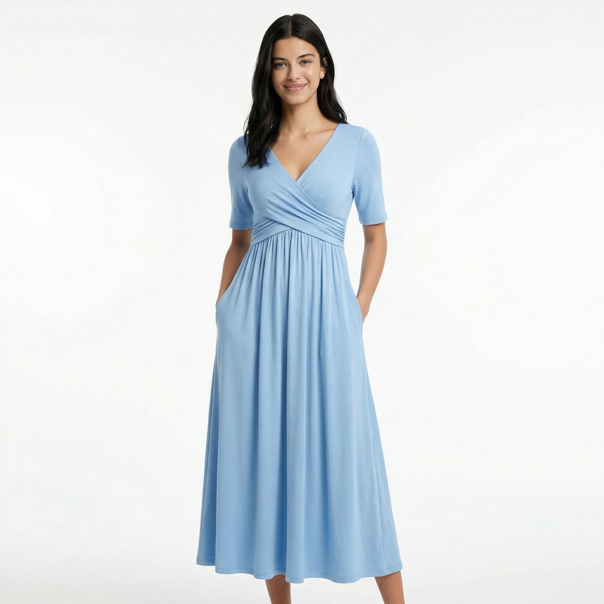 Women's Formal Wrap Midi Dress - Elbow-Length Sleeves, Side Pockets, A-Line Flare