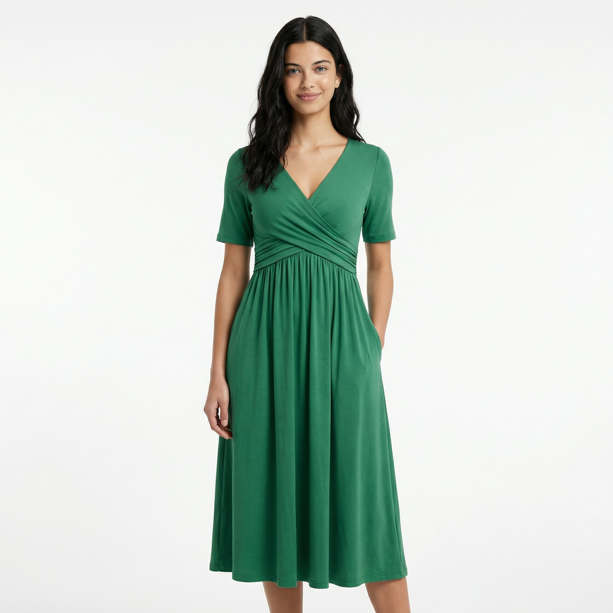 Women's Formal Wrap Midi Dress - Elbow-Length Sleeves, Side Pockets, A-Line Flare