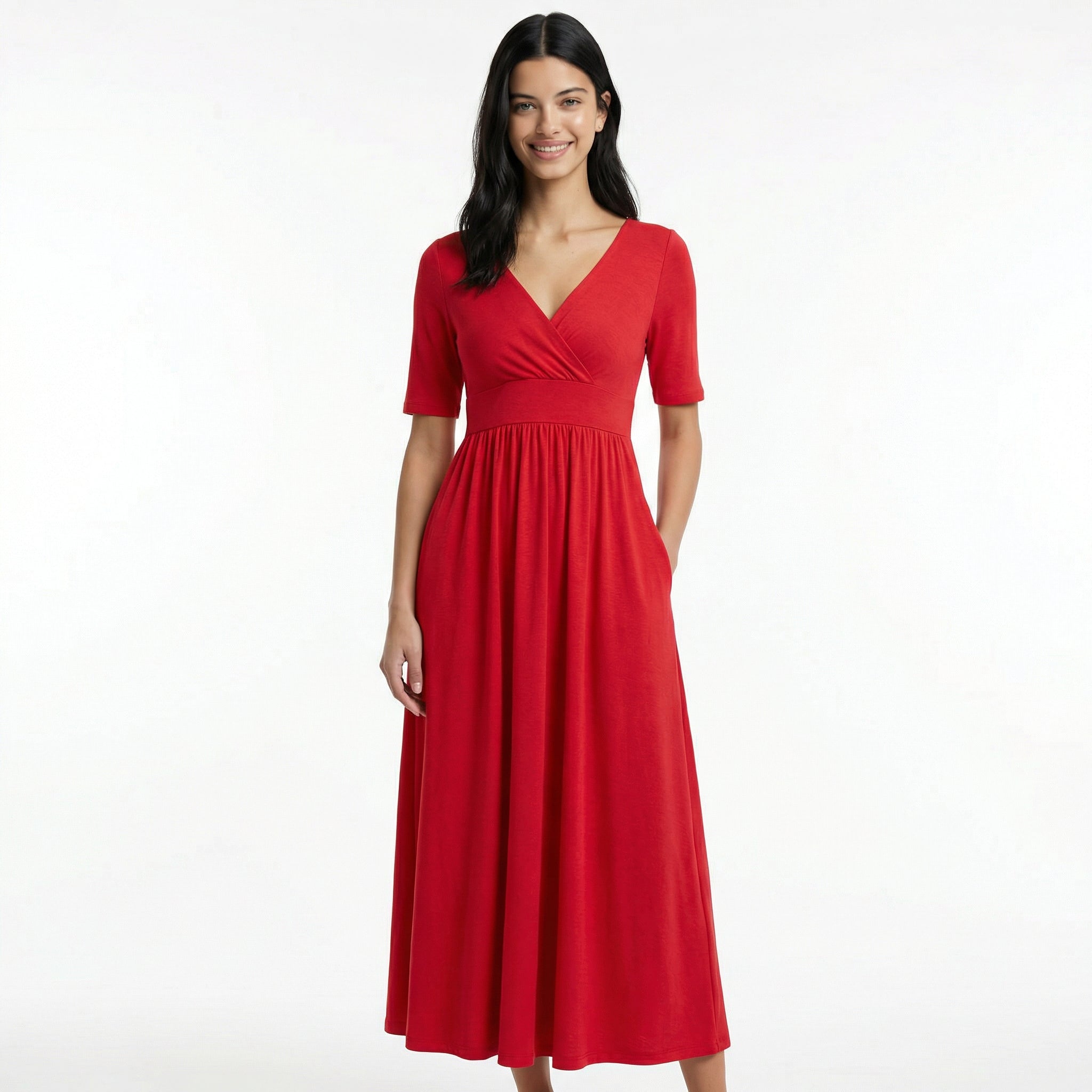 Women's Formal Wrap Midi Dress - Elbow-Length Sleeves, Side Pockets, A-Line Flare