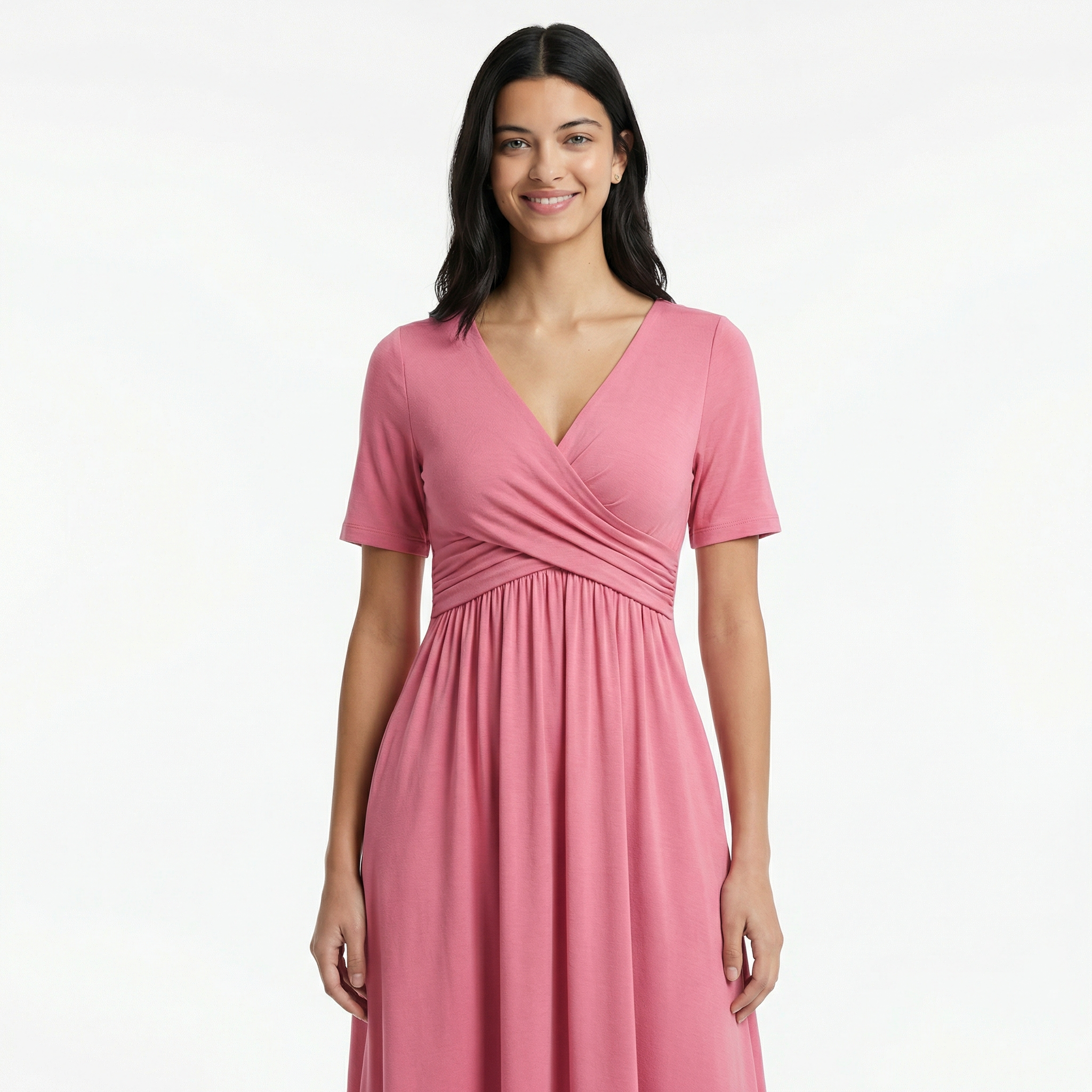 Women's Formal Wrap Midi Dress - Elbow-Length Sleeves, Side Pockets, A-Line Flare