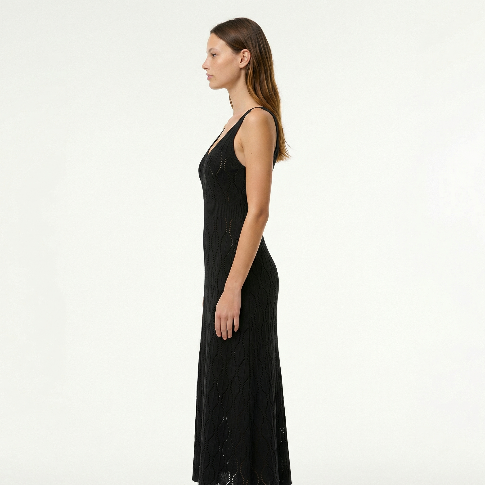 Women's Elegant Openwork Summer Dress - Deep V-Neck, Side Slit, Slim Fit Knit