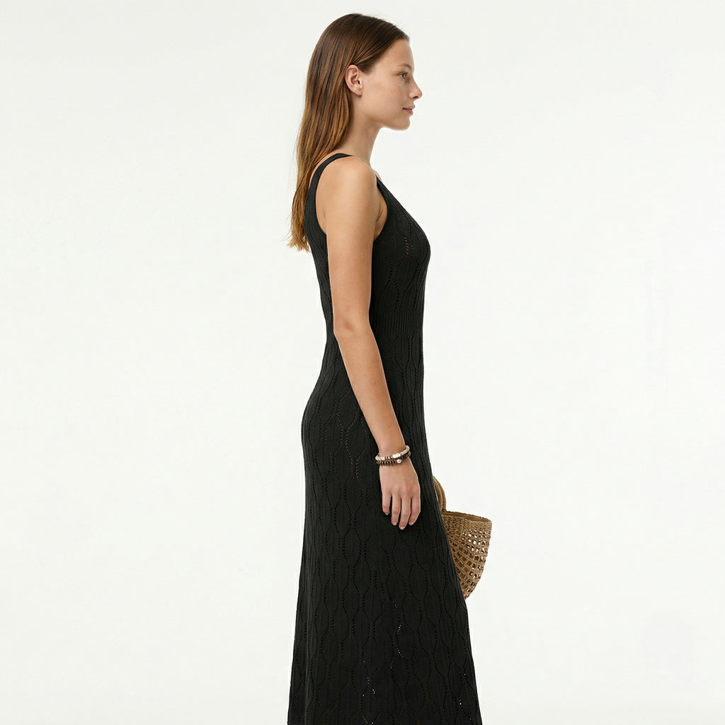 Women's Elegant Openwork Summer Dress - Deep V-Neck, Side Slit, Slim Fit Knit