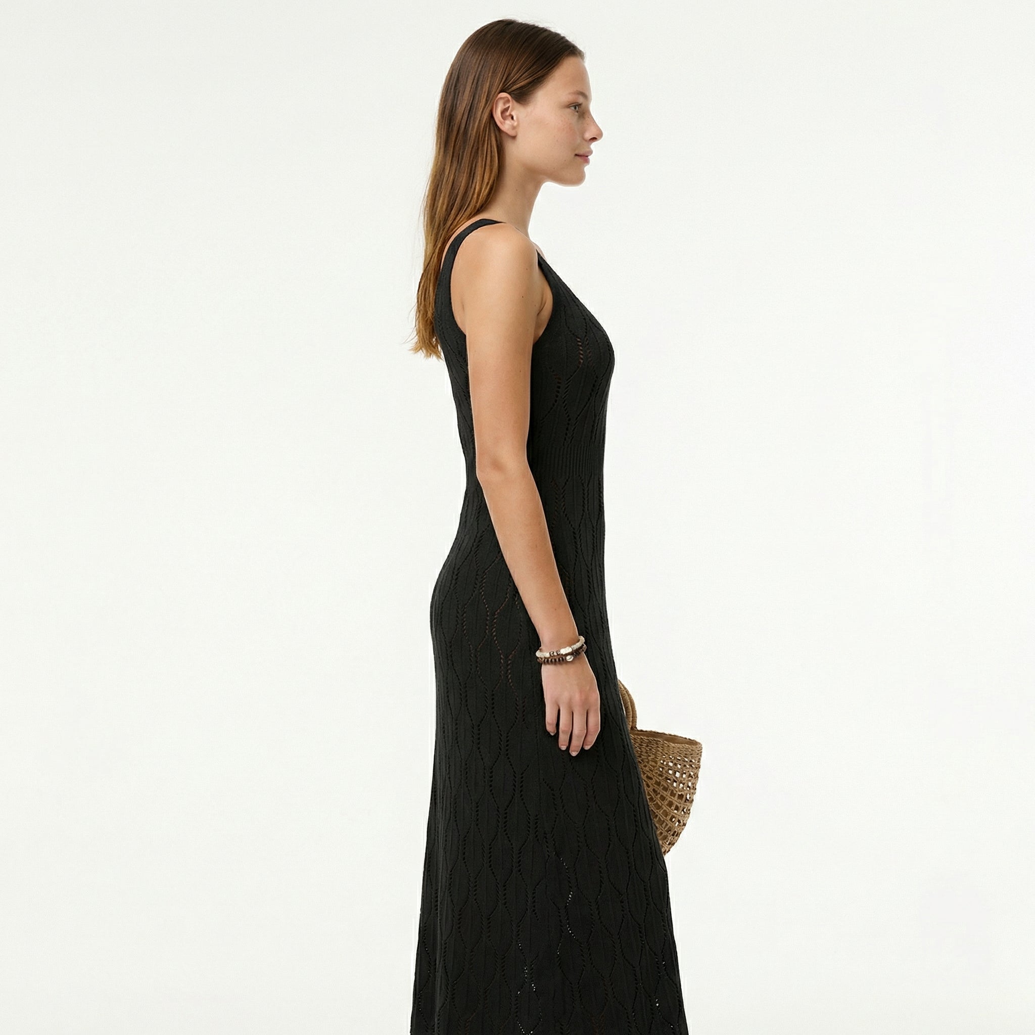 Women's Elegant Openwork Summer Dress - Deep V-Neck, Side Slit, Slim Fit Knit