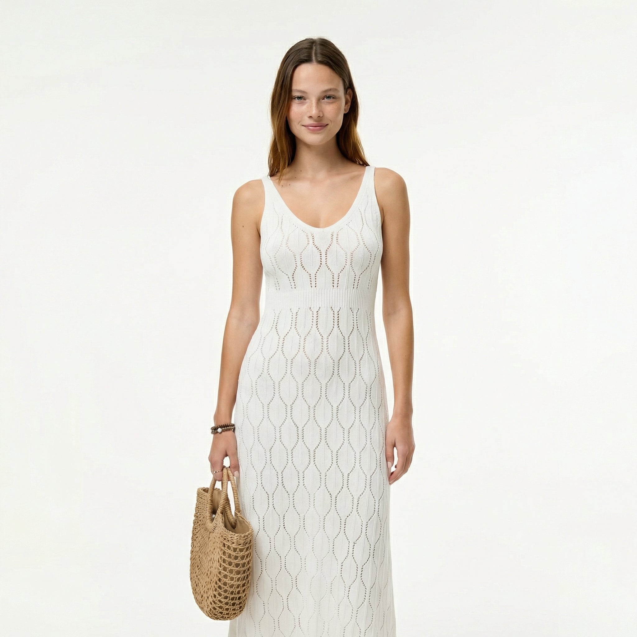 Women's Elegant Openwork Summer Dress - Deep V-Neck, Side Slit, Slim Fit Knit