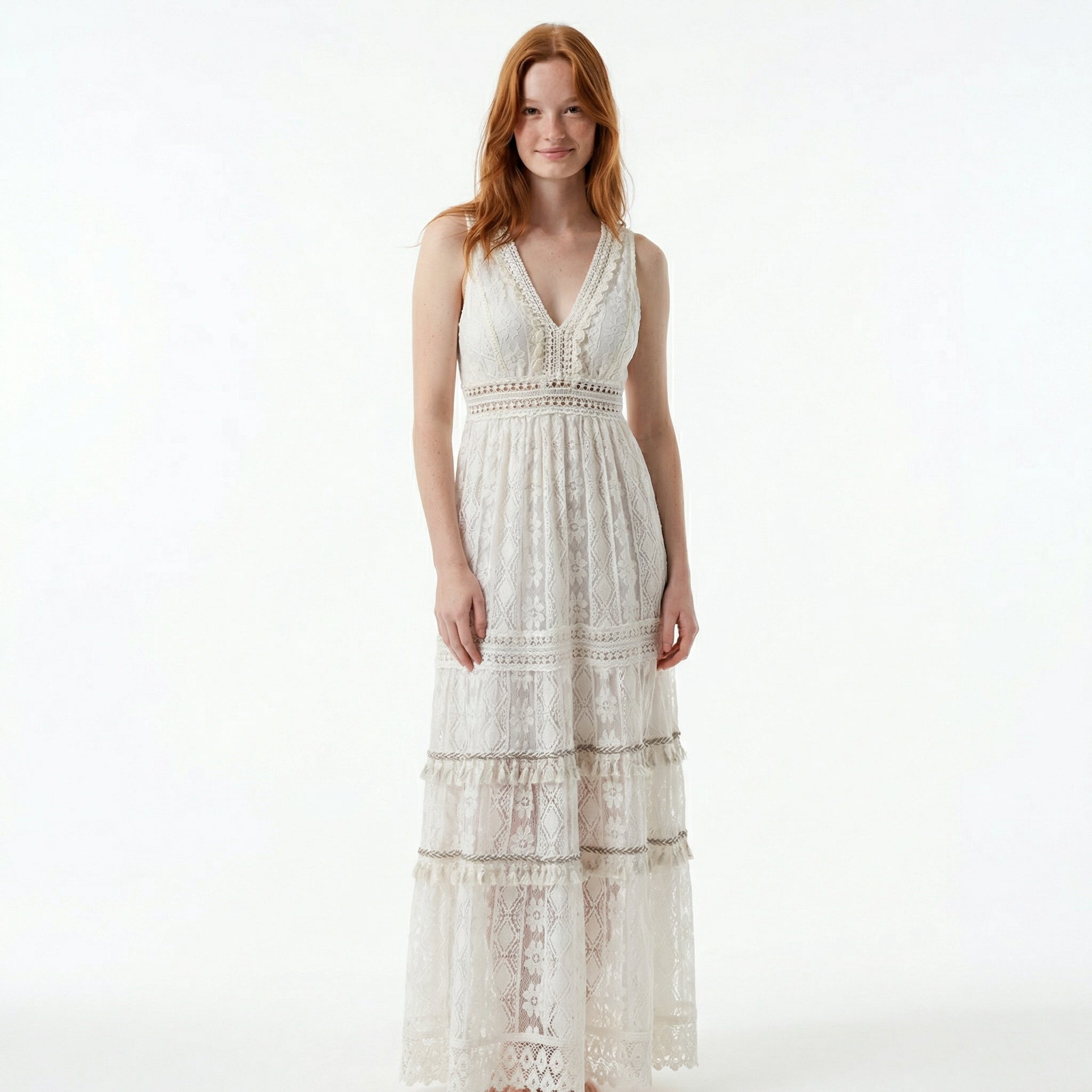 Women's Boho Sleeveless Maxi Dress - V-Neck, Empire Waist, Side Leg Slit