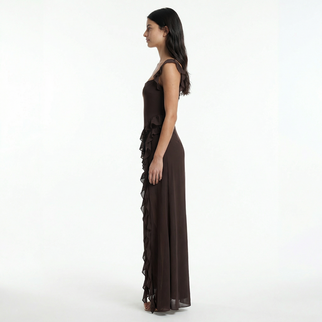 Women's Ruffle Prom Maxi Dress - Front Slit, Fitted Bodice, Elegant Evening Style