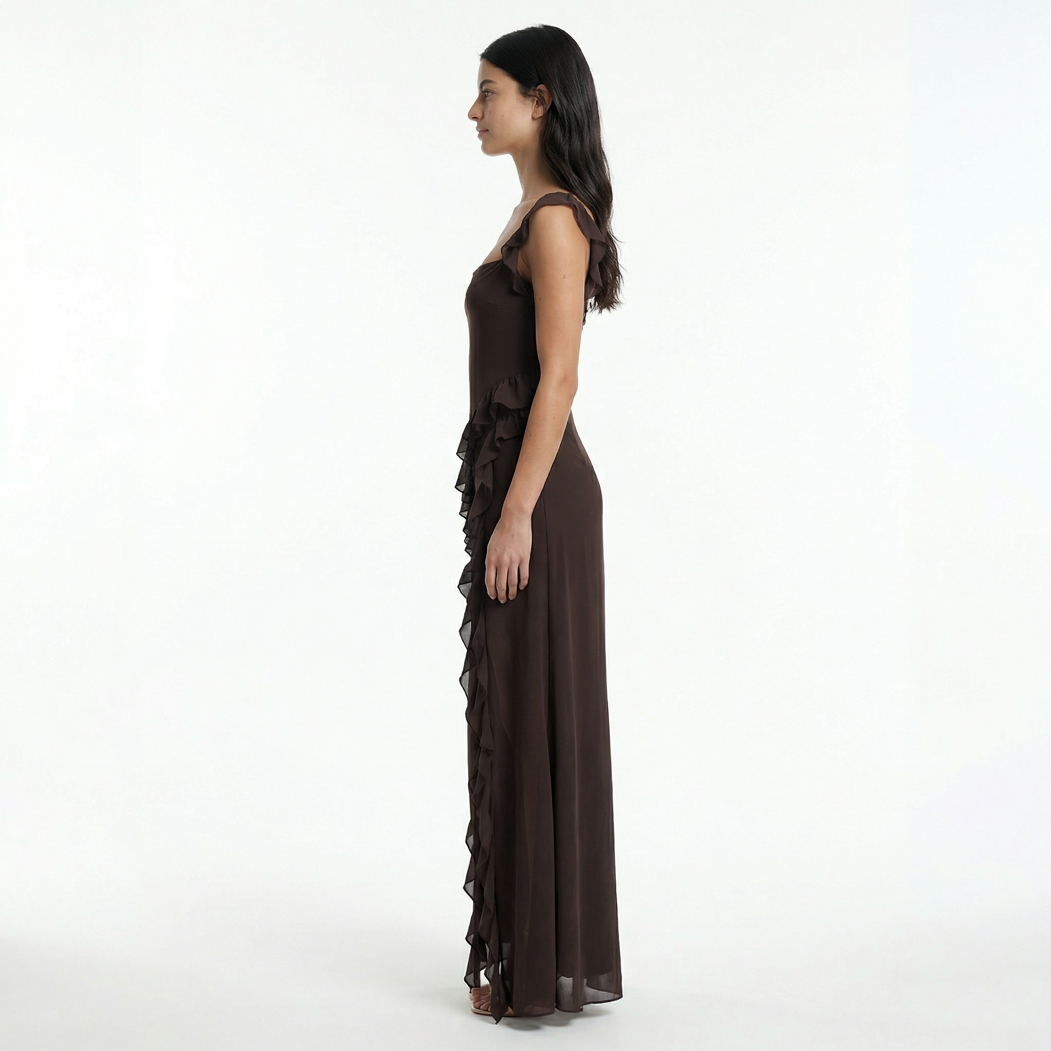 Women's Ruffle Prom Maxi Dress - Front Slit, Fitted Bodice, Elegant Evening Style