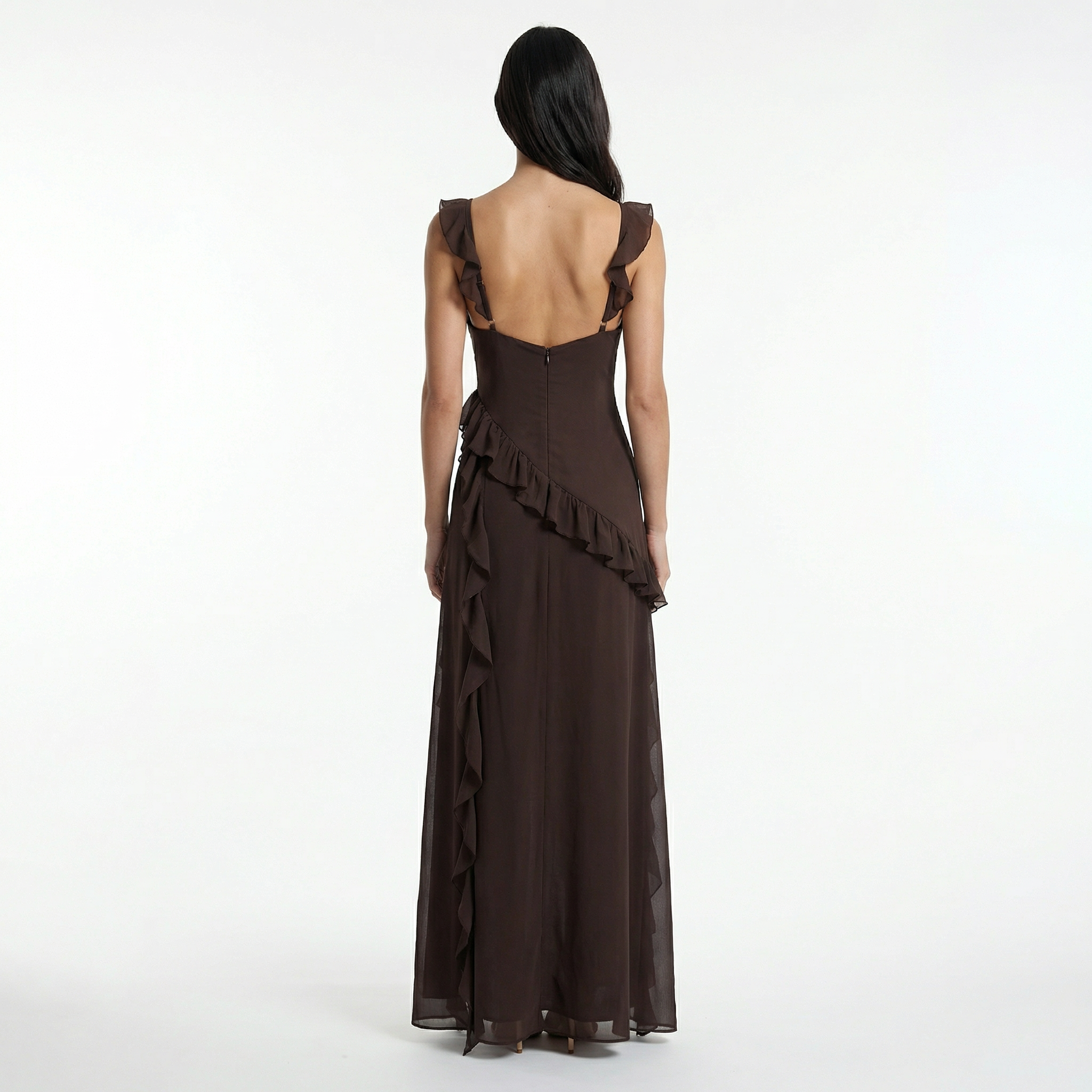 Women's Ruffle Prom Maxi Dress - Front Slit, Fitted Bodice, Elegant Evening Style