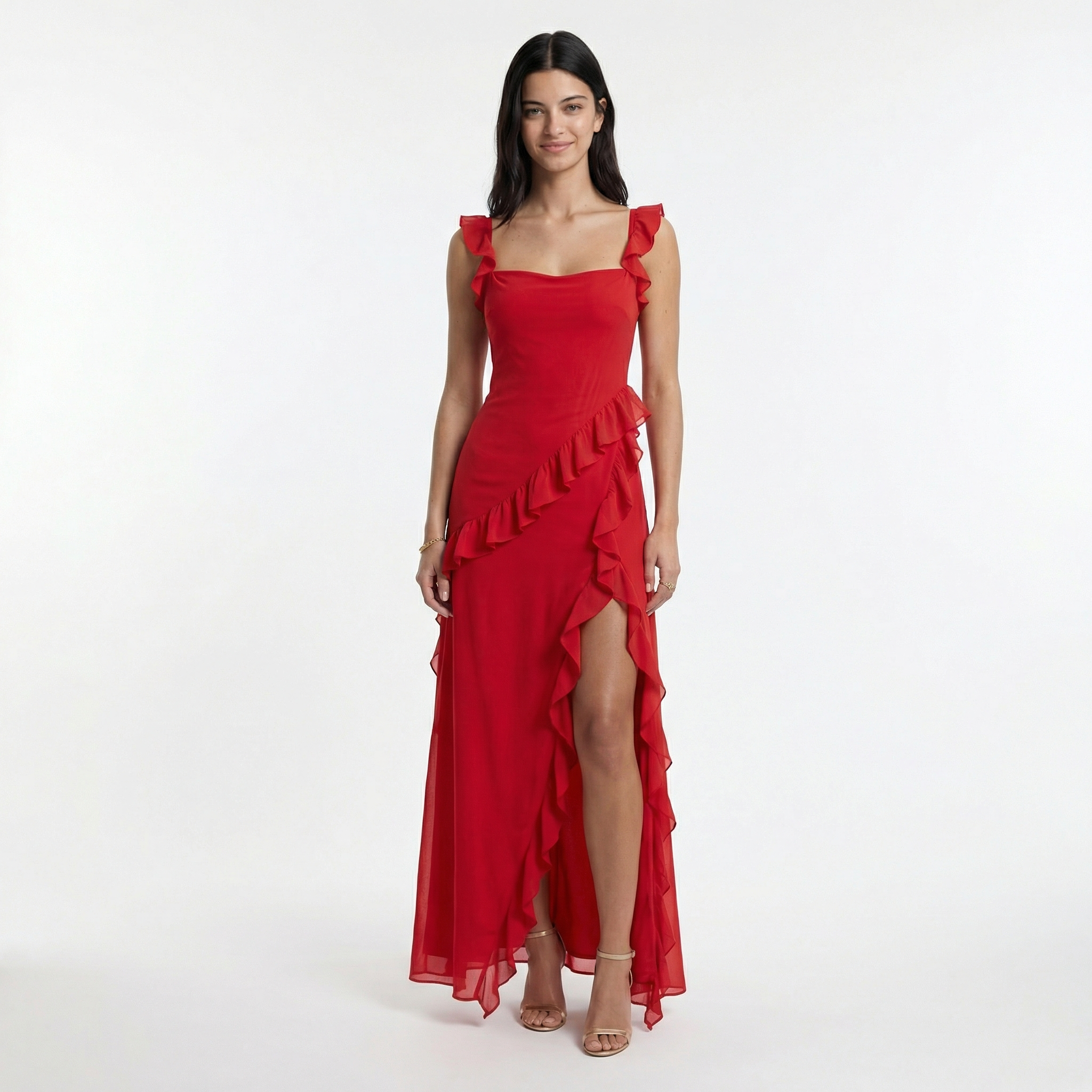 Women's Ruffle Prom Maxi Dress - Front Slit, Fitted Bodice, Elegant Evening Style