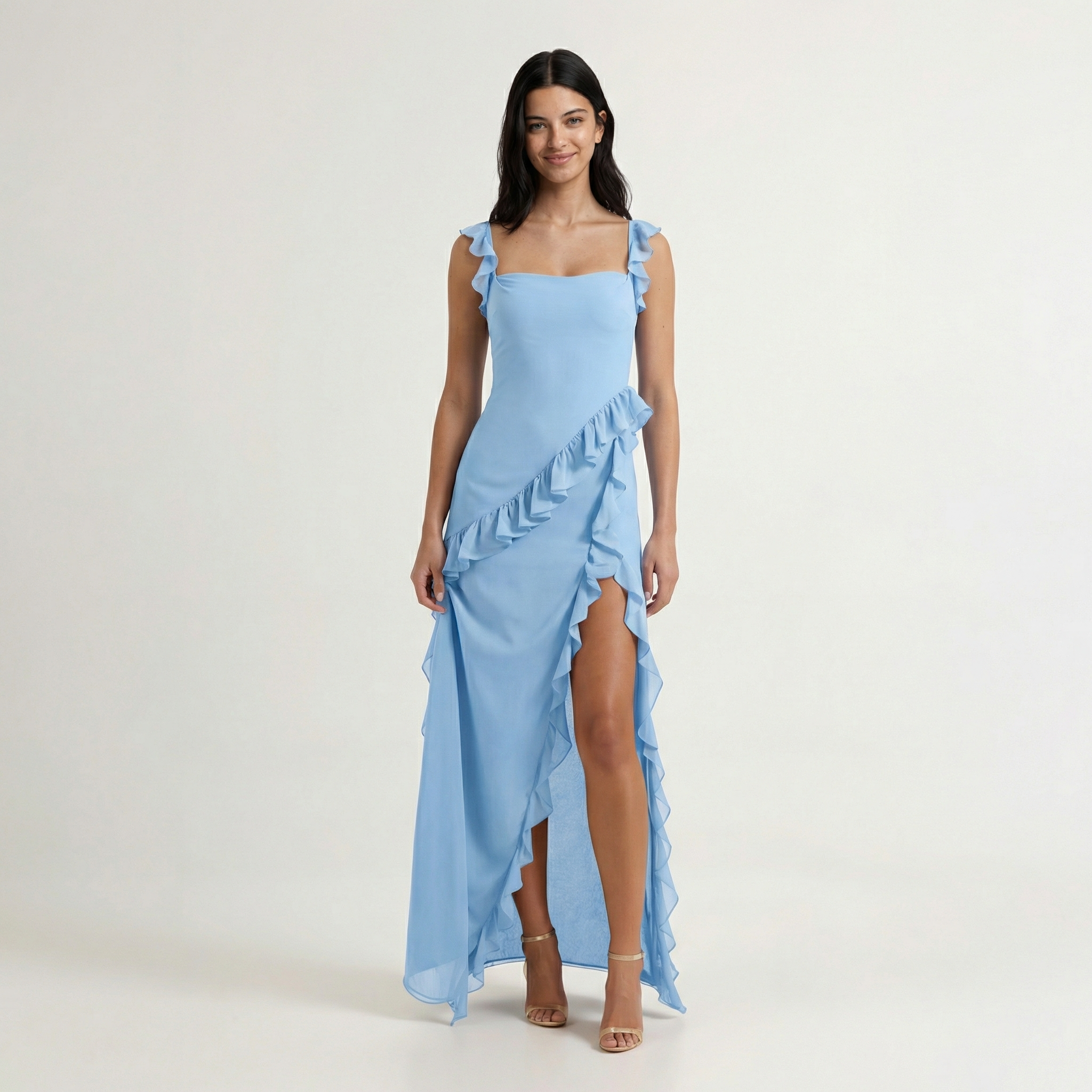 Women's Ruffle Prom Maxi Dress - Front Slit, Fitted Bodice, Elegant Evening Style