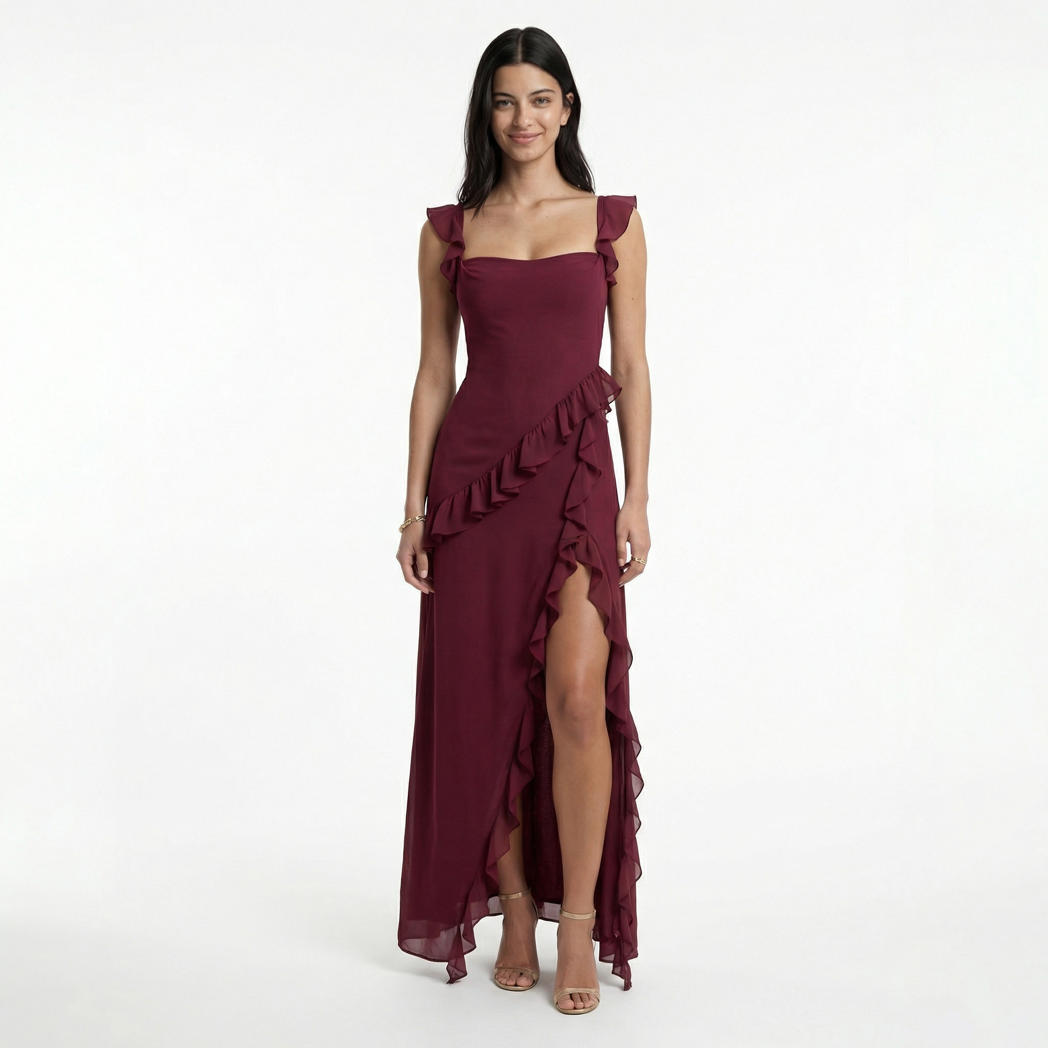 Women's Ruffle Prom Maxi Dress - Front Slit, Fitted Bodice, Elegant Evening Style