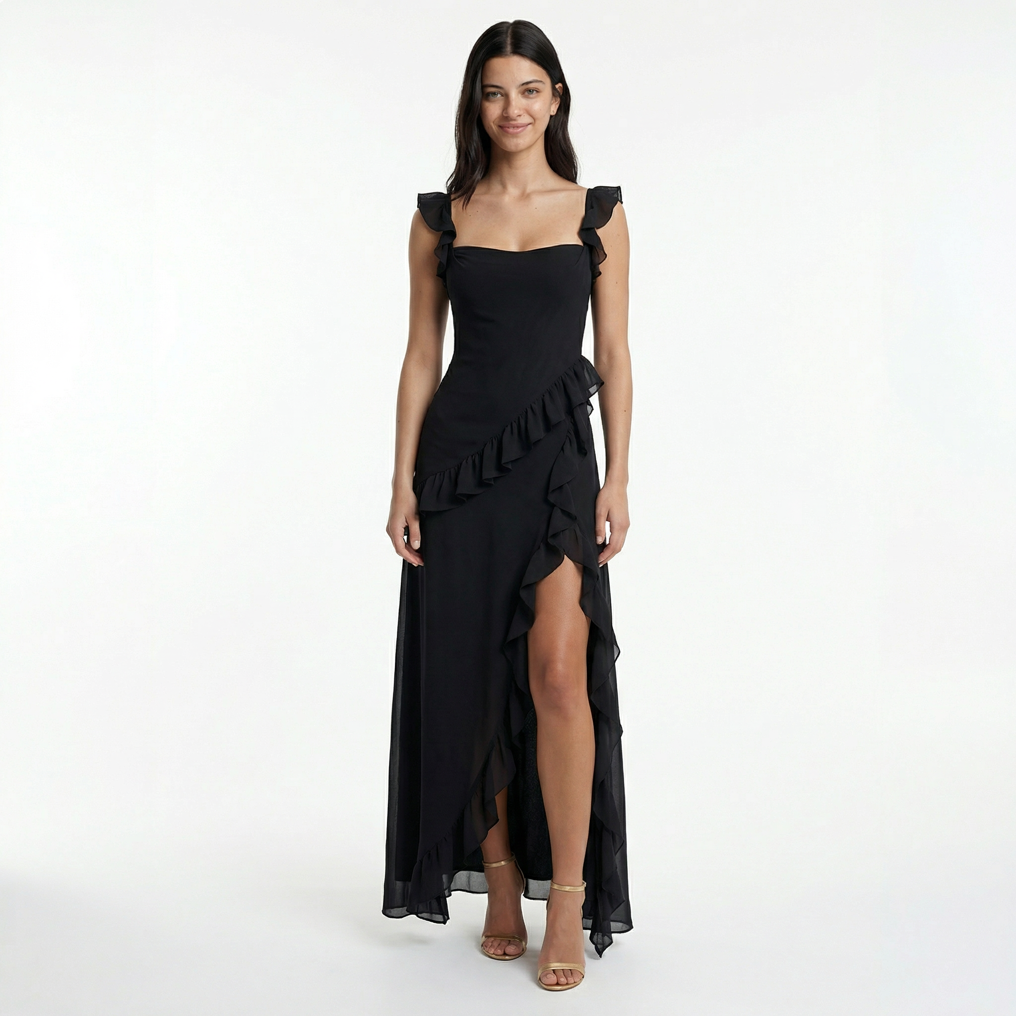 Women's Ruffle Prom Maxi Dress - Front Slit, Fitted Bodice, Elegant Evening Style