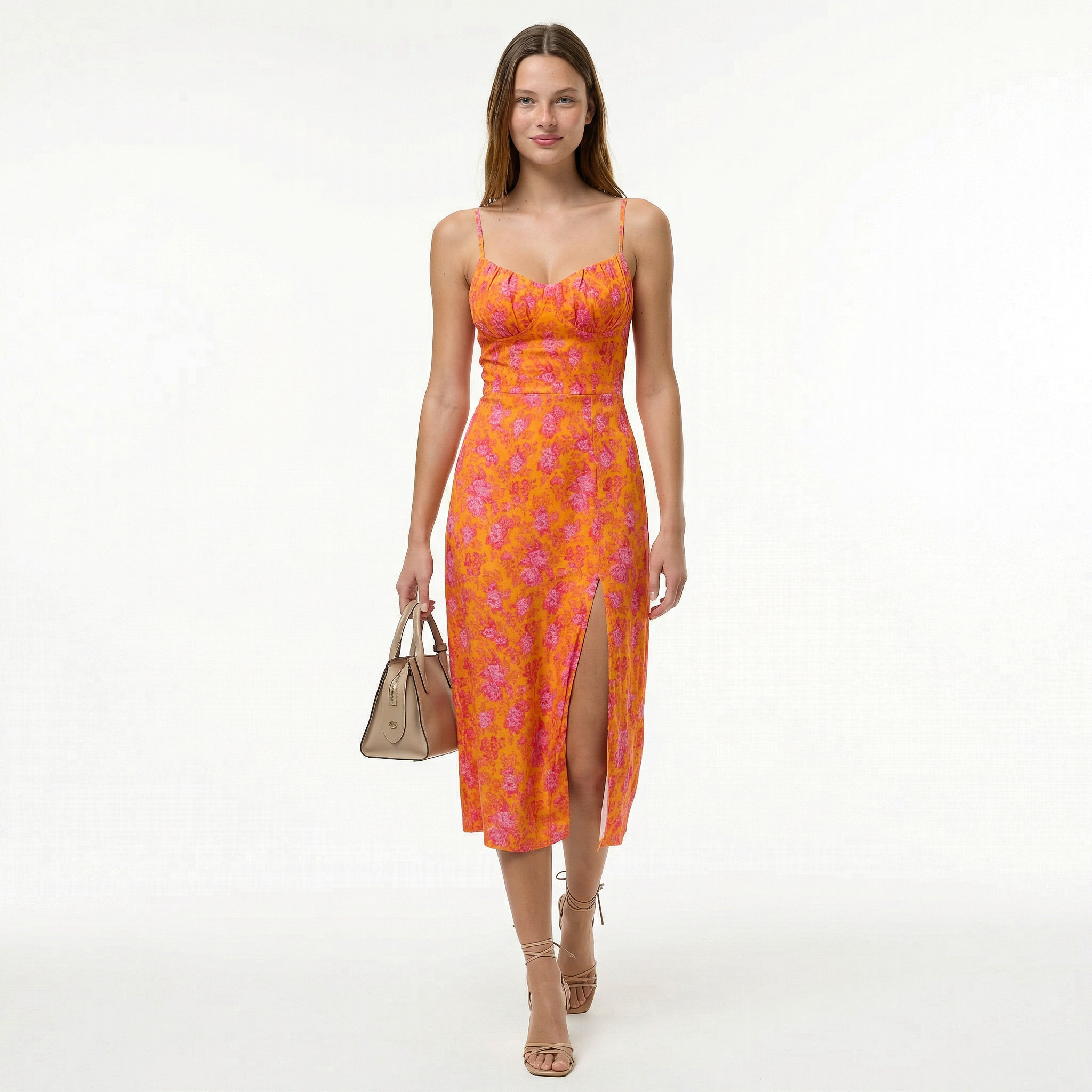Classic Floral Summer Midi Dress - Ruched Sweetheart Neckline, Adjustable Straps, Smocked Back