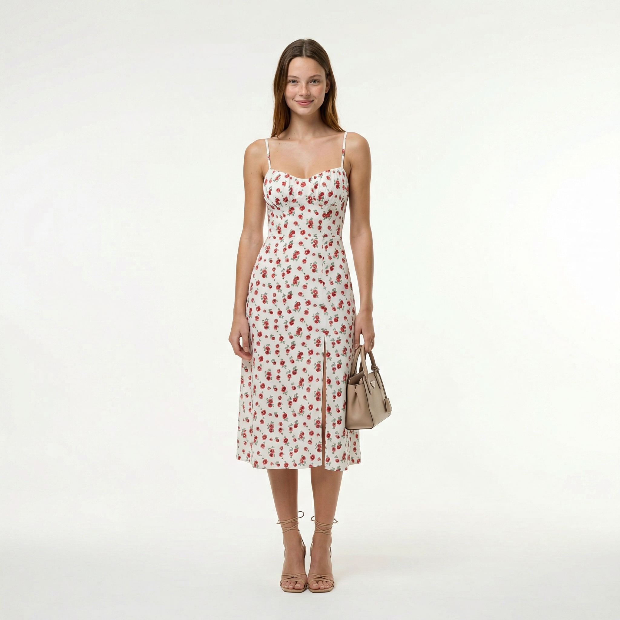 Classic Floral Summer Midi Dress - Ruched Sweetheart Neckline, Adjustable Straps, Smocked Back