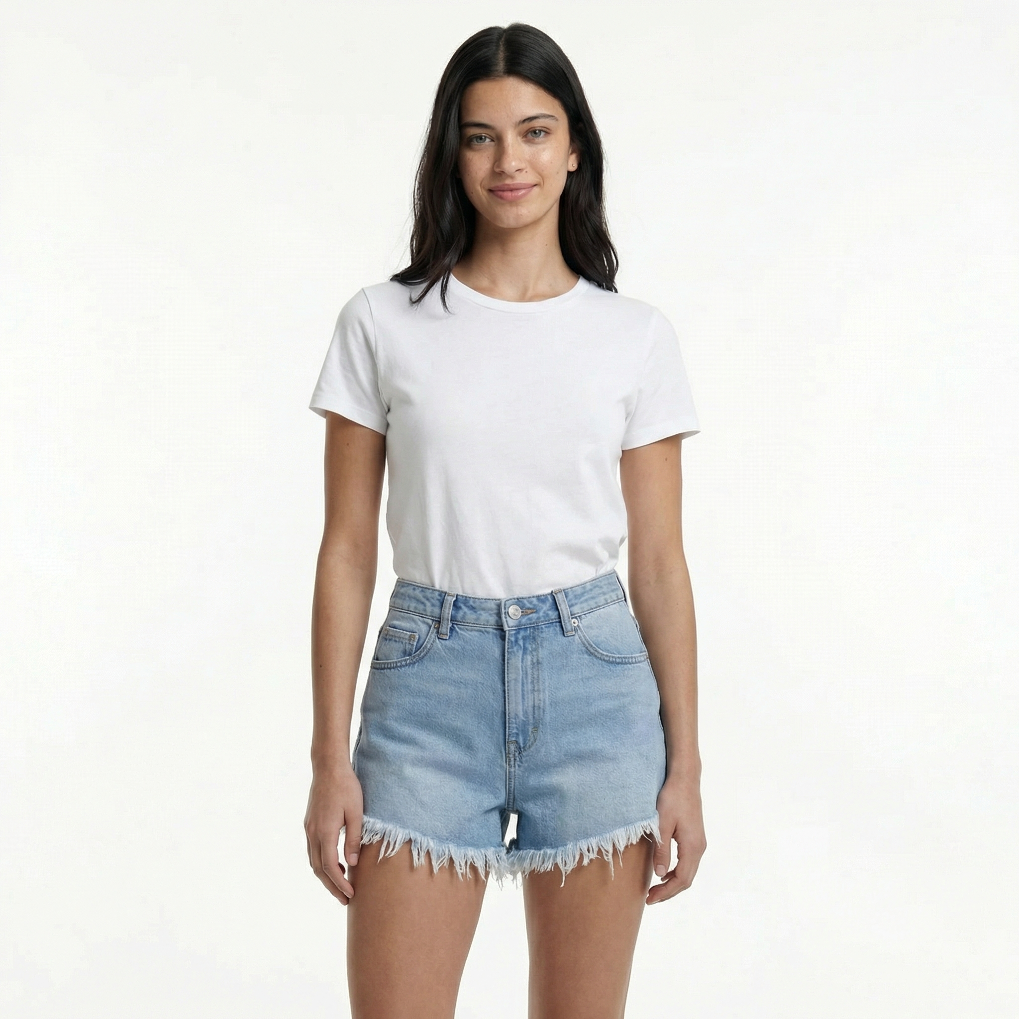 High-Waist Denim Shorts - Frayed Hem, Classic Five-Pocket Style, Casual Relaxed Fit