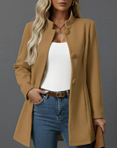 Hallie Women's Button-Down A-Line Coat - Sophisticated Stand Collar, Flattering Silhouette, Long Sleeve Feature