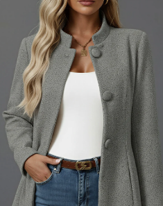 Hallie Women's Button-Down A-Line Coat - Sophisticated Stand Collar, Flattering Silhouette, Long Sleeve Feature