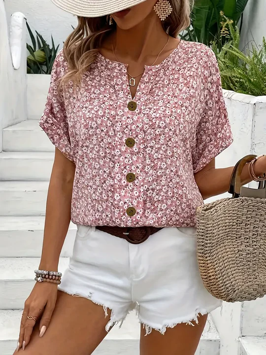 Bonnie Women's Short Sleeve Summer Blouse - Button Front, Charming Print, Relaxed Loose Fit