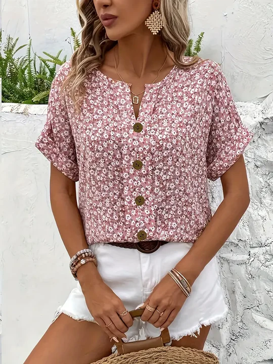 Bonnie Women's Short Sleeve Summer Blouse - Button Front, Charming Print, Relaxed Loose Fit