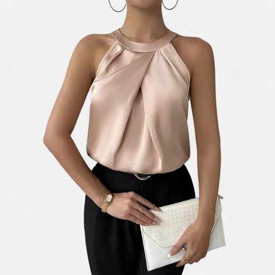 Angelica Women's Satin Halter Neck Blouse - Pleated Detail, Luxurious Shine, Elegant Evening Style